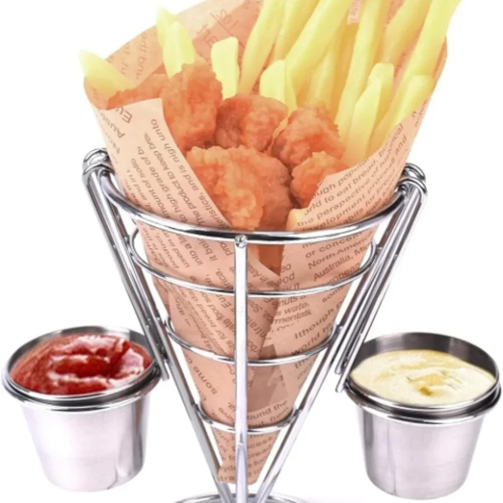 Winhon French Fry Cone Basket with Double Sauce Holder, Set of 2